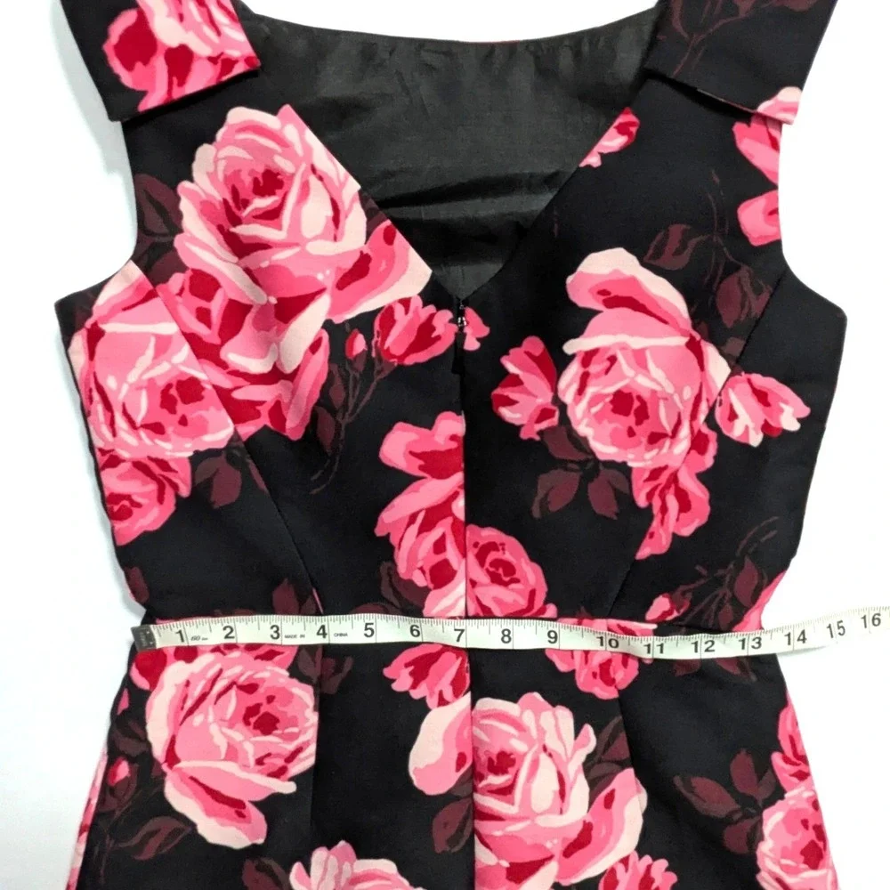 Kate Spade New York Rosa A-Line Rose Print Bow Shoulder Dress Black Pink Size 2‎